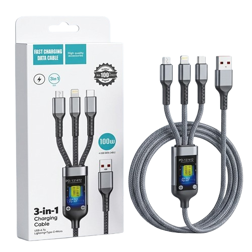 Premium 3-in-1 High-Speed 100W Charging Cable with LED Power Display