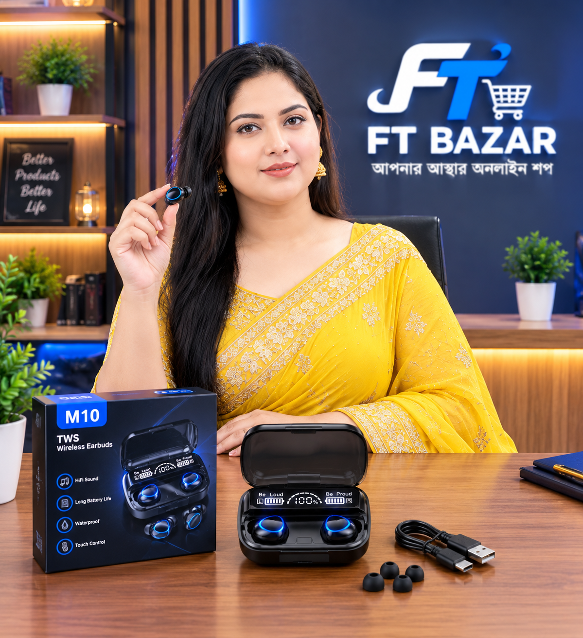 M10 TWS Wireless Earbuds with Digital Display & Power Bank Feature