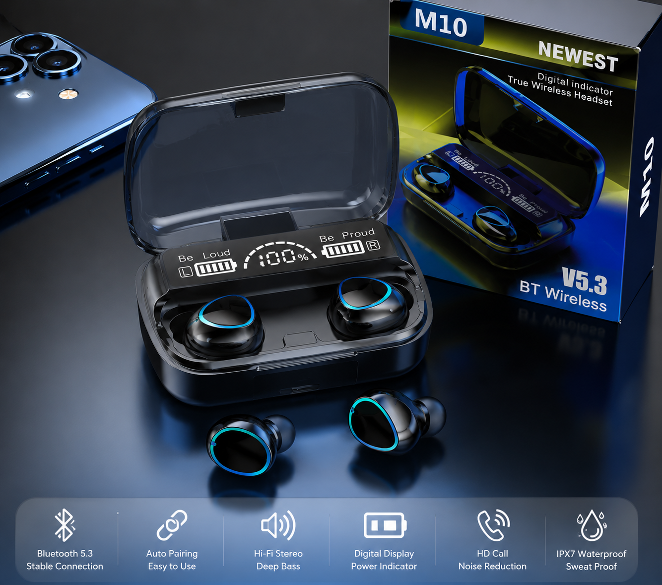 M10 TWS Wireless Earbuds with Digital Display & Power Bank Feature