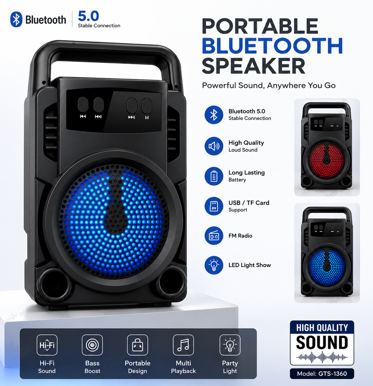 GreatNice 3-Inch Portable Wireless Bluetooth Speaker with LED Light