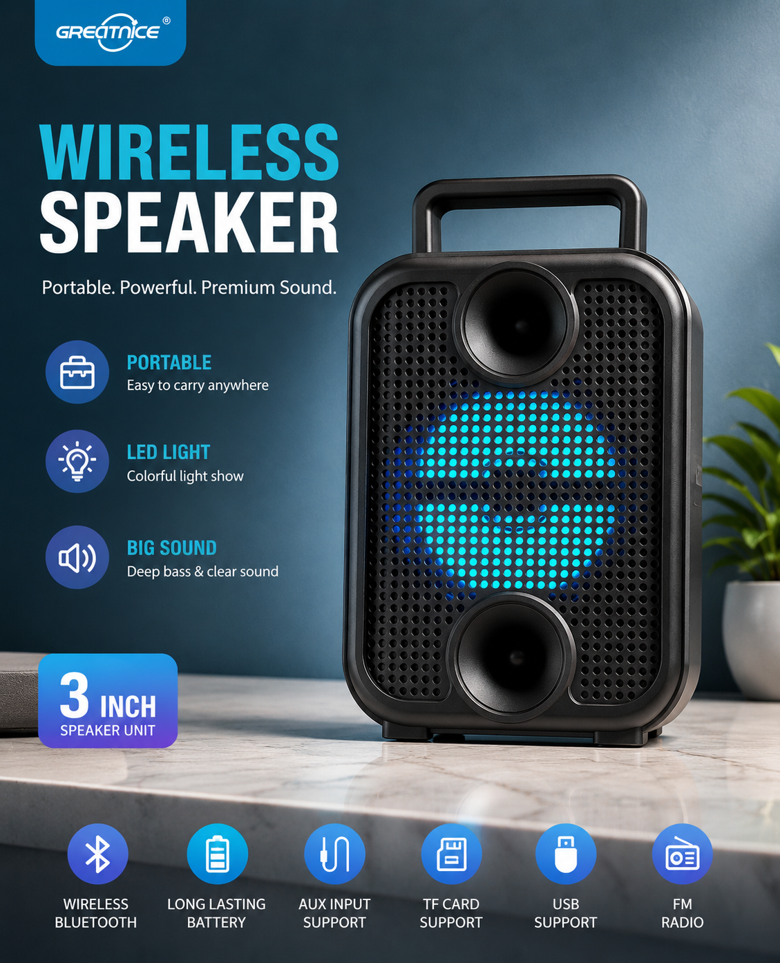GreatNice 3-Inch Portable Wireless Bluetooth Speaker with LED Light - Image 3